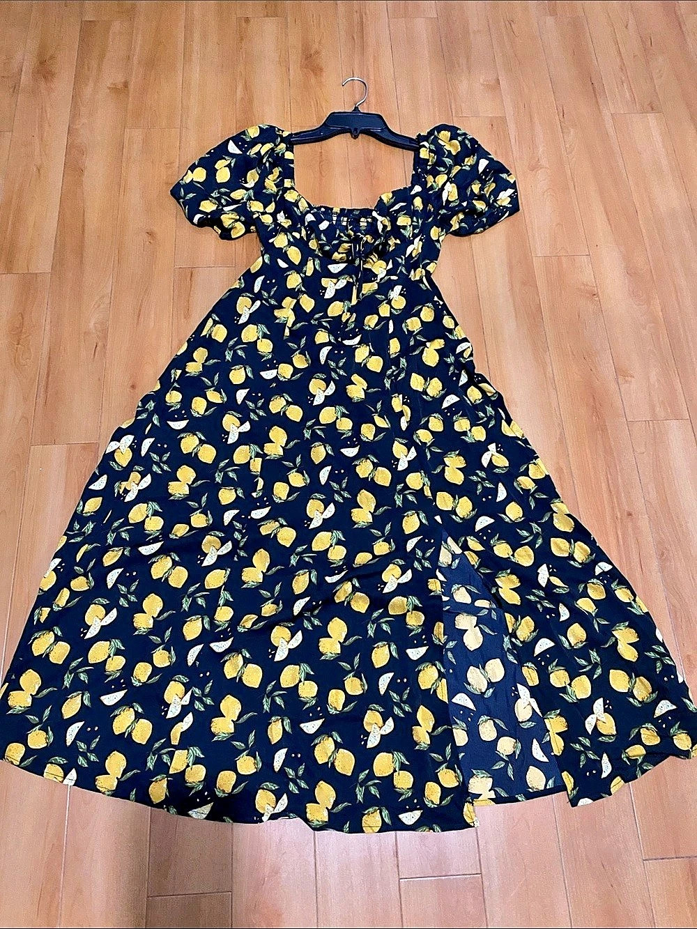 Aqua Lemon Print Midi Dress Black & Yellow Like New